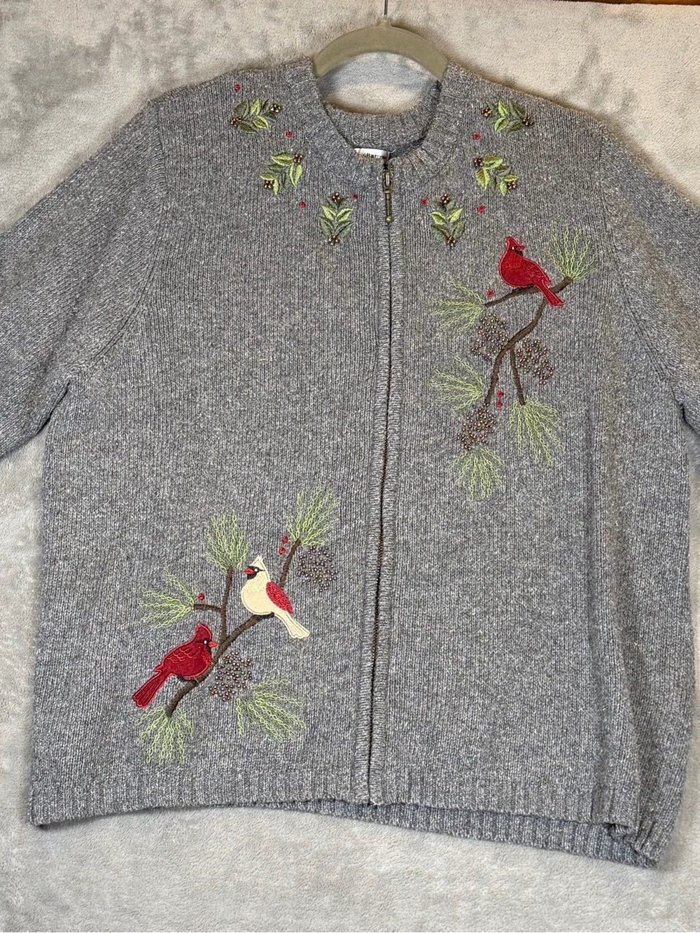 Gray Embroidered Zip-Front Women’s Sweater with Cardinal Motif